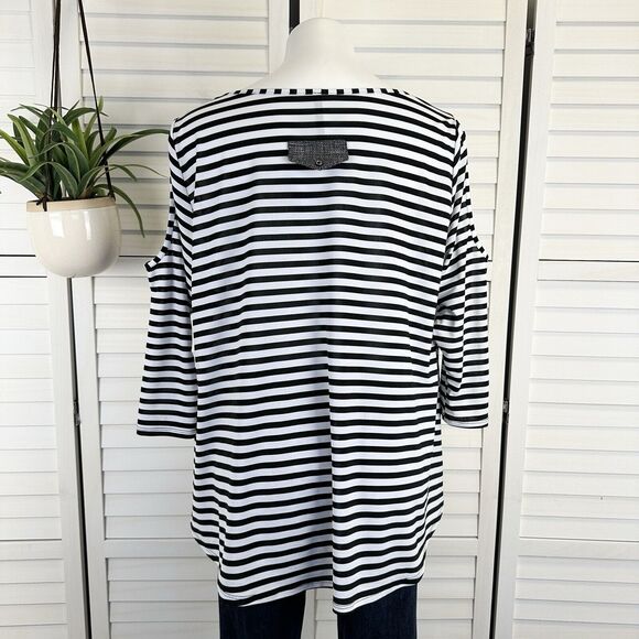 IC‎ by Connie K Black White Stripe Cold Shoulder Blouse Top Lagenlook Size L - Picture 5 of 9